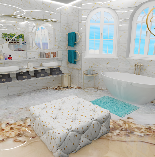 Amikor egy fürdőszoba 22 m², igazi lehetőség nyílik a nagystílű elegancia megmutatására. A márvány, az arany és az egyedi tervezésű üvegek és tükrök ragyogása, az epoxy padló modern fényjátéka, valamint a gondosan elhelyezett világítás együtt adják meg azt a glamour hangulatot, amely minden belépést élménnyé varázsol.  Ez a projekt számomra különösen kedves, mert minden részletben benne van a kreativitásom és a szenvedélyem a design iránt. 