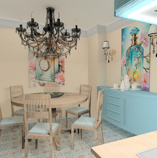 Konyha és étkező – vintage báj modern kivitelben (22nm) Ez a tér az általam tervezett konyha és étkező, ahol a klasszikus elegancia találkozik a friss, világos árnyalatokkal. Finom pasztellkék bútorok, aranyló részletekkel. Mediterrán mintás padlóburkolat. Vintage hangulatú lámpák és látványos csillár. Harmonikusan összehangolt étkező és konyha. A célom egy olyan enteriőr megalkotása volt, amely egyszerre barátságos, otthonos és mégis különleges – egy hely, ahol minden pillanat élnénnyé válik